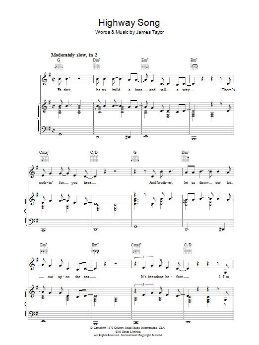 Download James Taylor Highway Song Sheet Music and learn how to play Piano, Vocal & Guitar (Right-Hand Melody) PDF digital score in minutes
