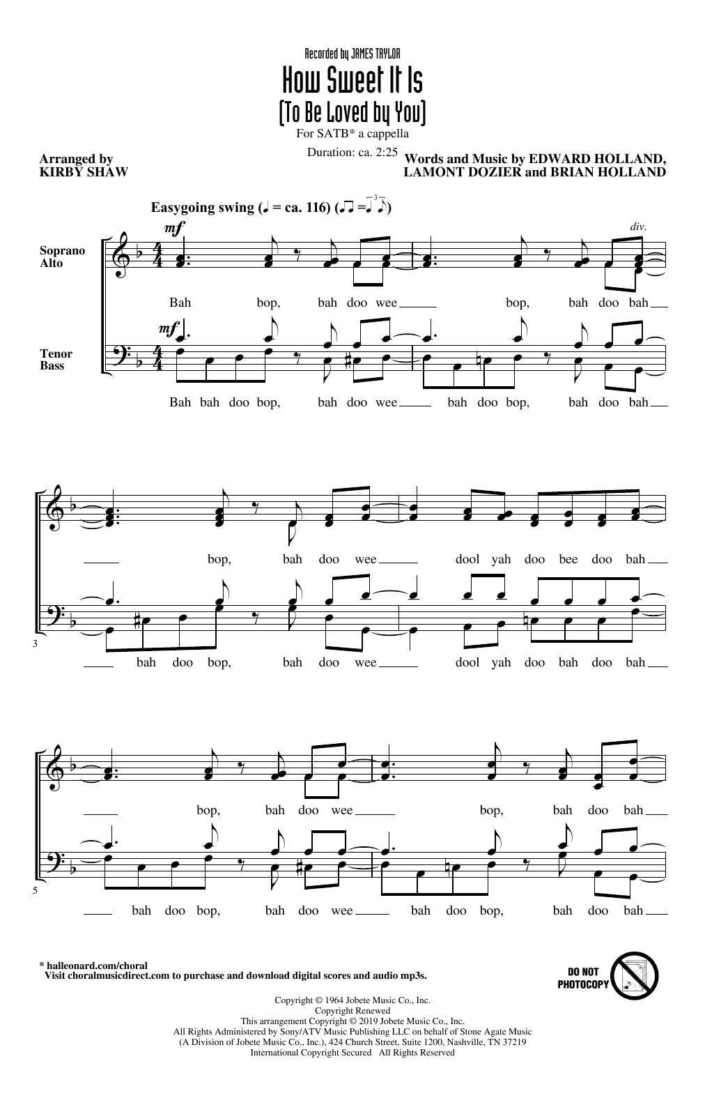 Download James Taylor How Sweet It Is (To Be Loved By You) (arr. Kirby Shaw) Sheet Music and learn how to play SATB Choir PDF digital score in minutes