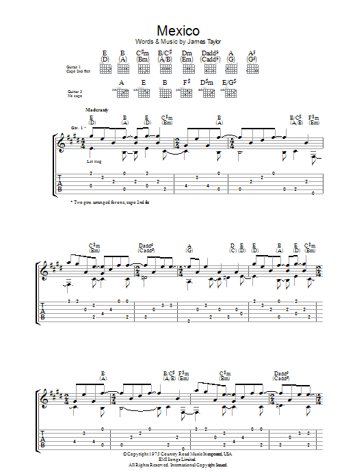 Download James Taylor Mexico Sheet Music and learn how to play Piano, Vocal & Guitar (Right-Hand Melody) PDF digital score in minutes