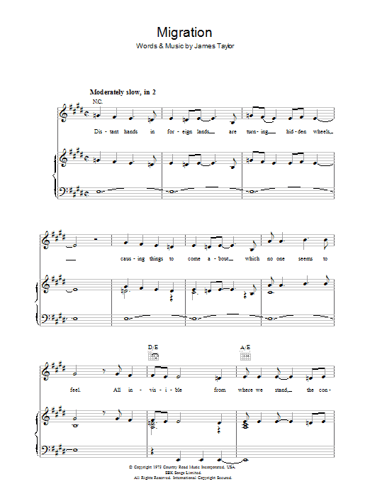 Download James Taylor Migration Sheet Music and learn how to play Piano, Vocal & Guitar (Right-Hand Melody) PDF digital score in minutes