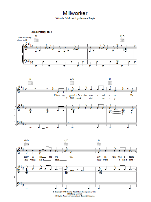 Download James Taylor Millworker Sheet Music and learn how to play Piano, Vocal & Guitar (Right-Hand Melody) PDF digital score in minutes