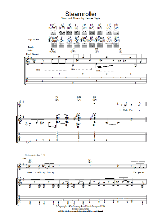 Download James Taylor Steam Roller Sheet Music and learn how to play Guitar Tab PDF digital score in minutes