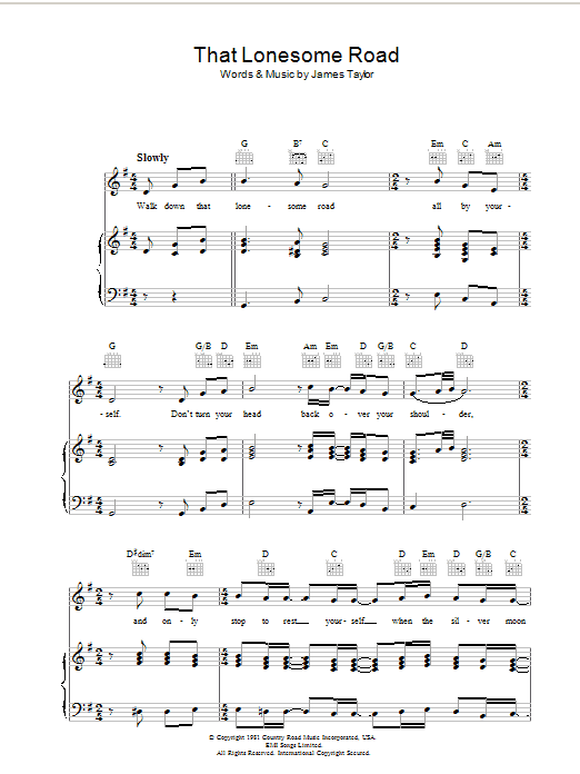 Download James Taylor That Lonesome Road Sheet Music and learn how to play Piano, Vocal & Guitar (Right-Hand Melody) PDF digital score in minutes