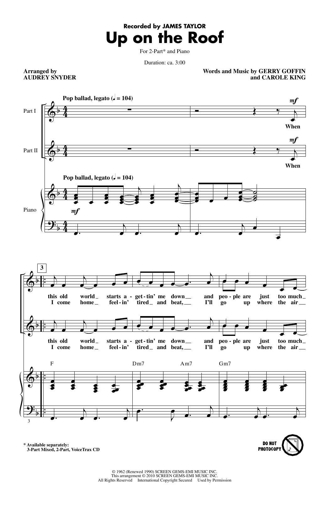 Download James Taylor Up On The Roof (arr. Audrey Snyder) Sheet Music and learn how to play 3-Part Mixed Choir PDF digital score in minutes