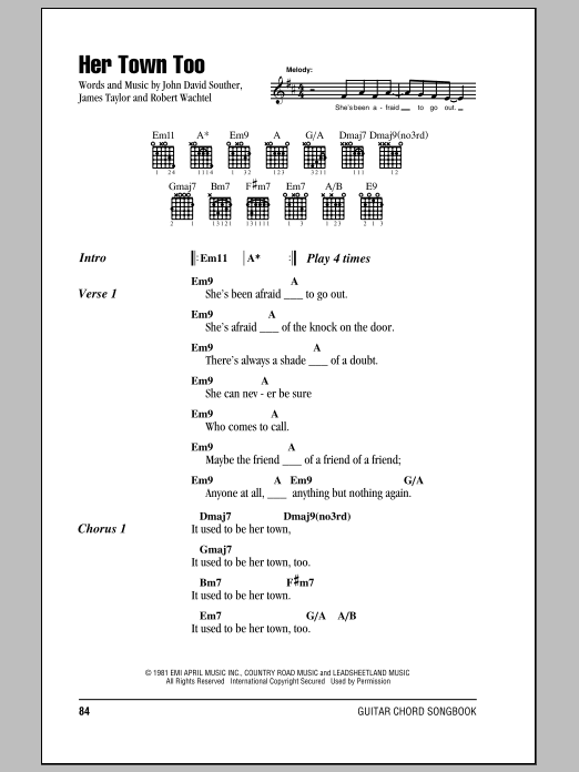 Download James Taylor with J.D. Souther Her Town Too Sheet Music and learn how to play Lyrics & Chords PDF digital score in minutes