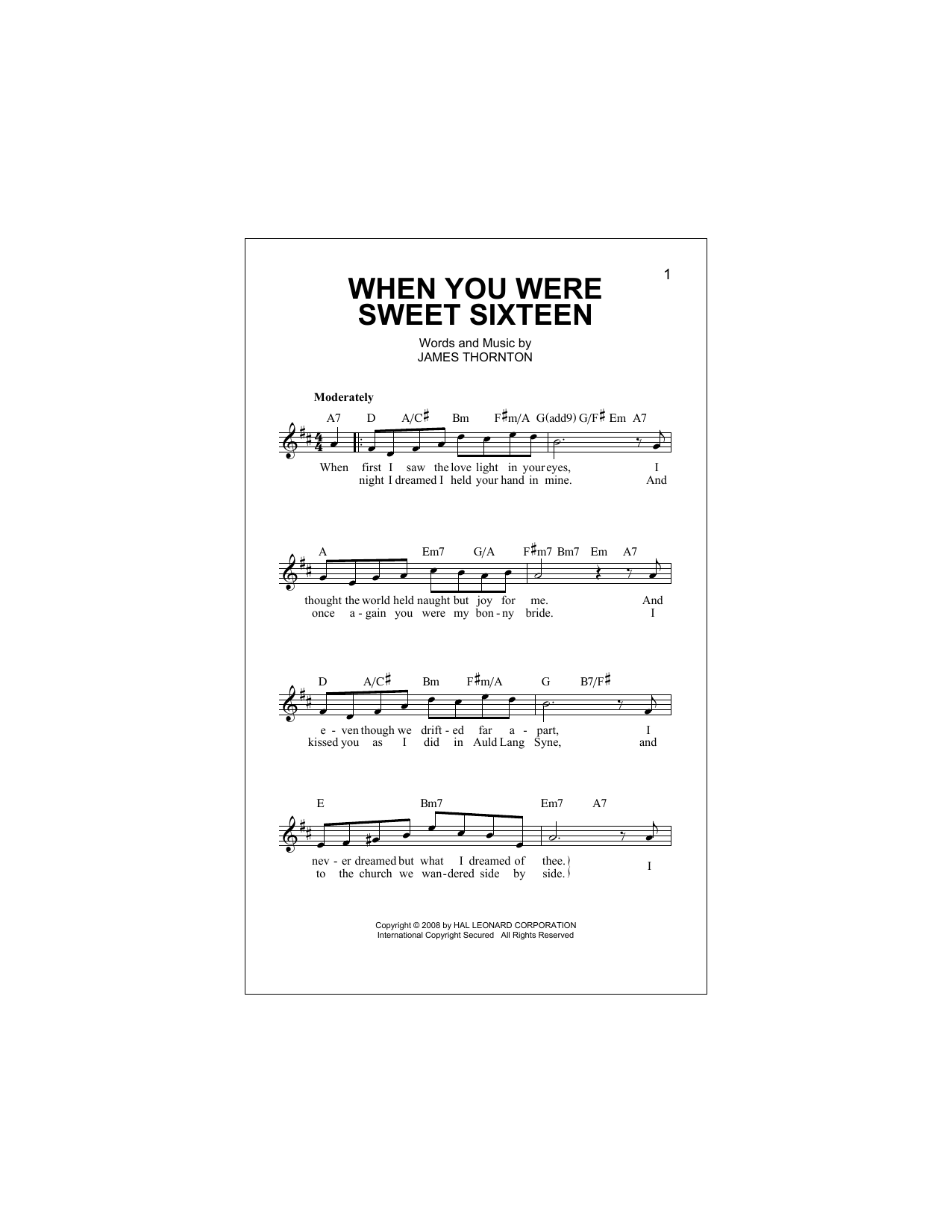 Download James Thornton When You Were Sweet Sixteen Sheet Music and learn how to play Piano, Vocal & Guitar Chords (Right-Hand Melody) PDF digital score in minutes