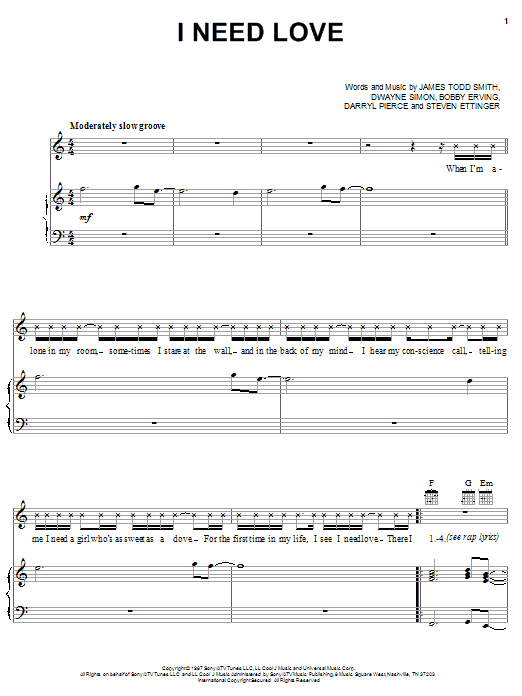 Download James Todd Smith I Need Love Sheet Music and learn how to play Piano, Vocal & Guitar (Right-Hand Melody) PDF digital score in minutes