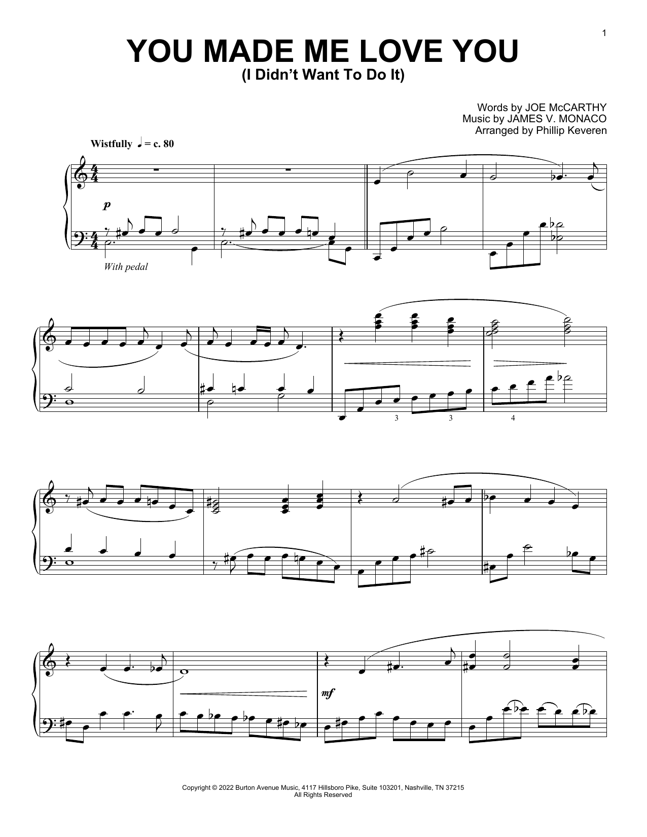 Download James V. Monaco You Made Me Love You (I Didn't Want To Do It) (arr. Phillip Keveren) Sheet Music and learn how to play Piano Solo PDF digital score in minutes