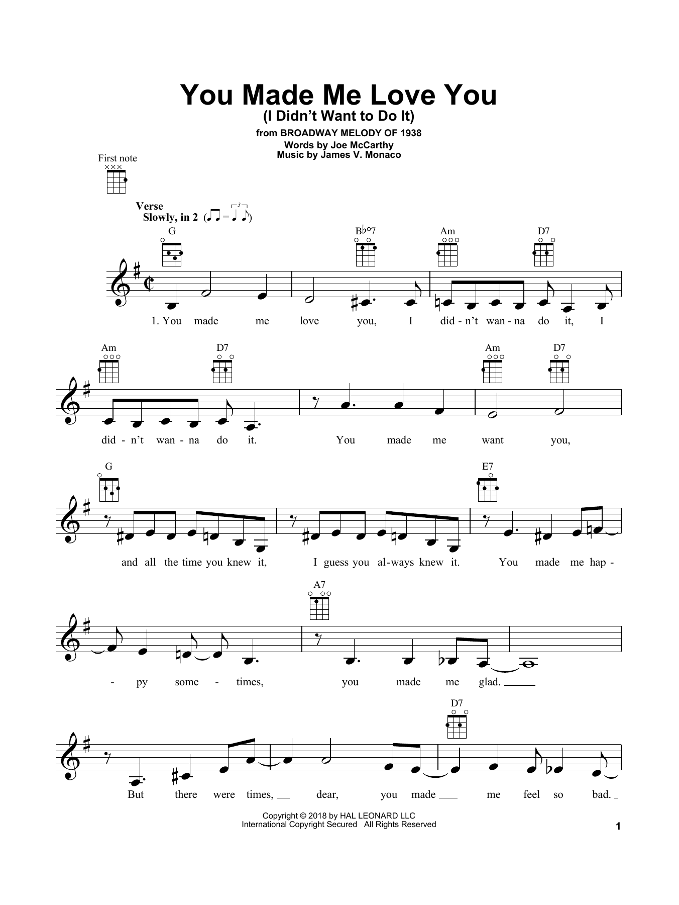 Download James V. Monaco You Made Me Love You (I Didn't Want To Do It) Sheet Music and learn how to play Ukulele PDF digital score in minutes