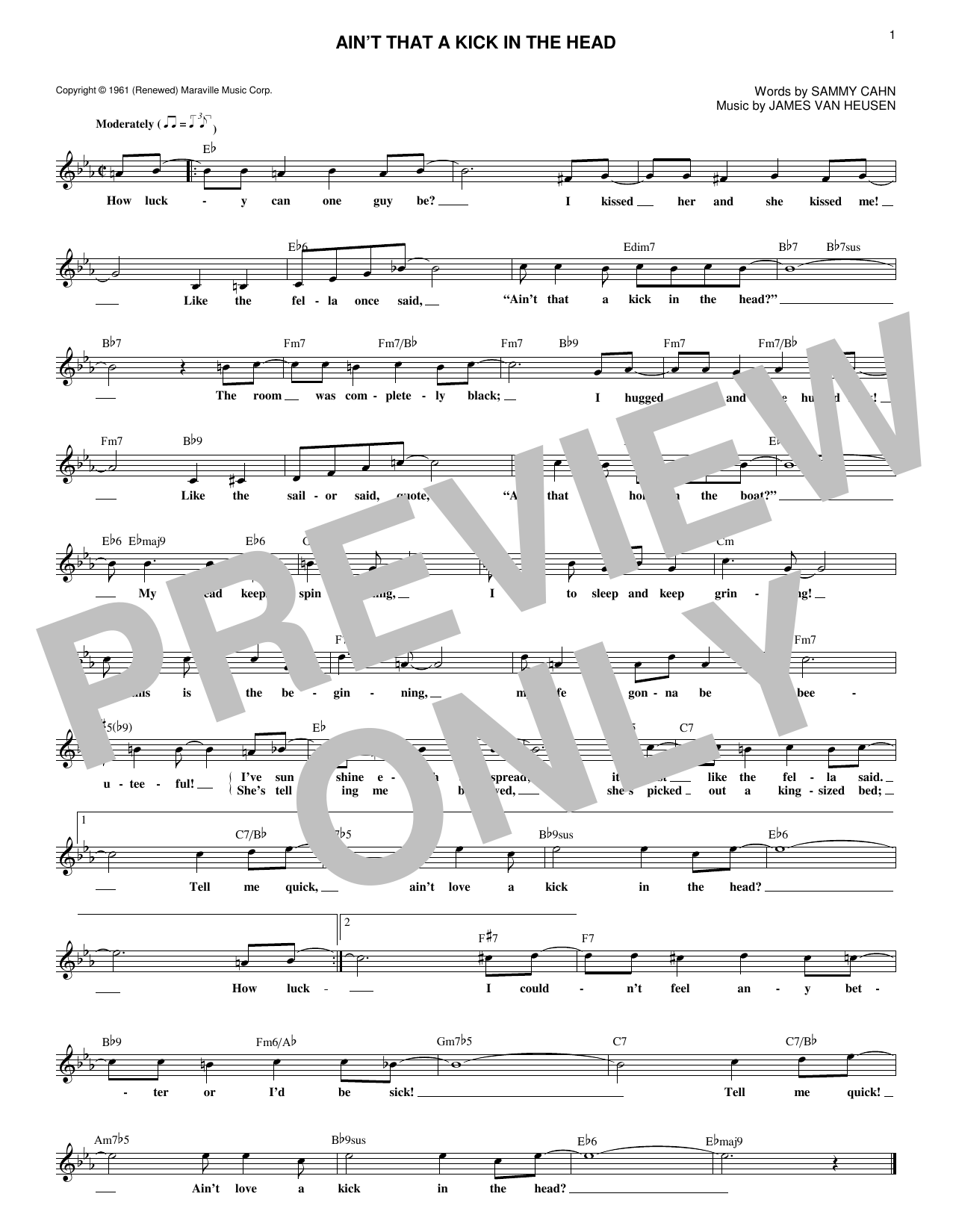 Download James Van Heusen Ain't That A Kick In The Head Sheet Music and learn how to play Melody Line, Lyrics & Chords PDF digital score in minutes
