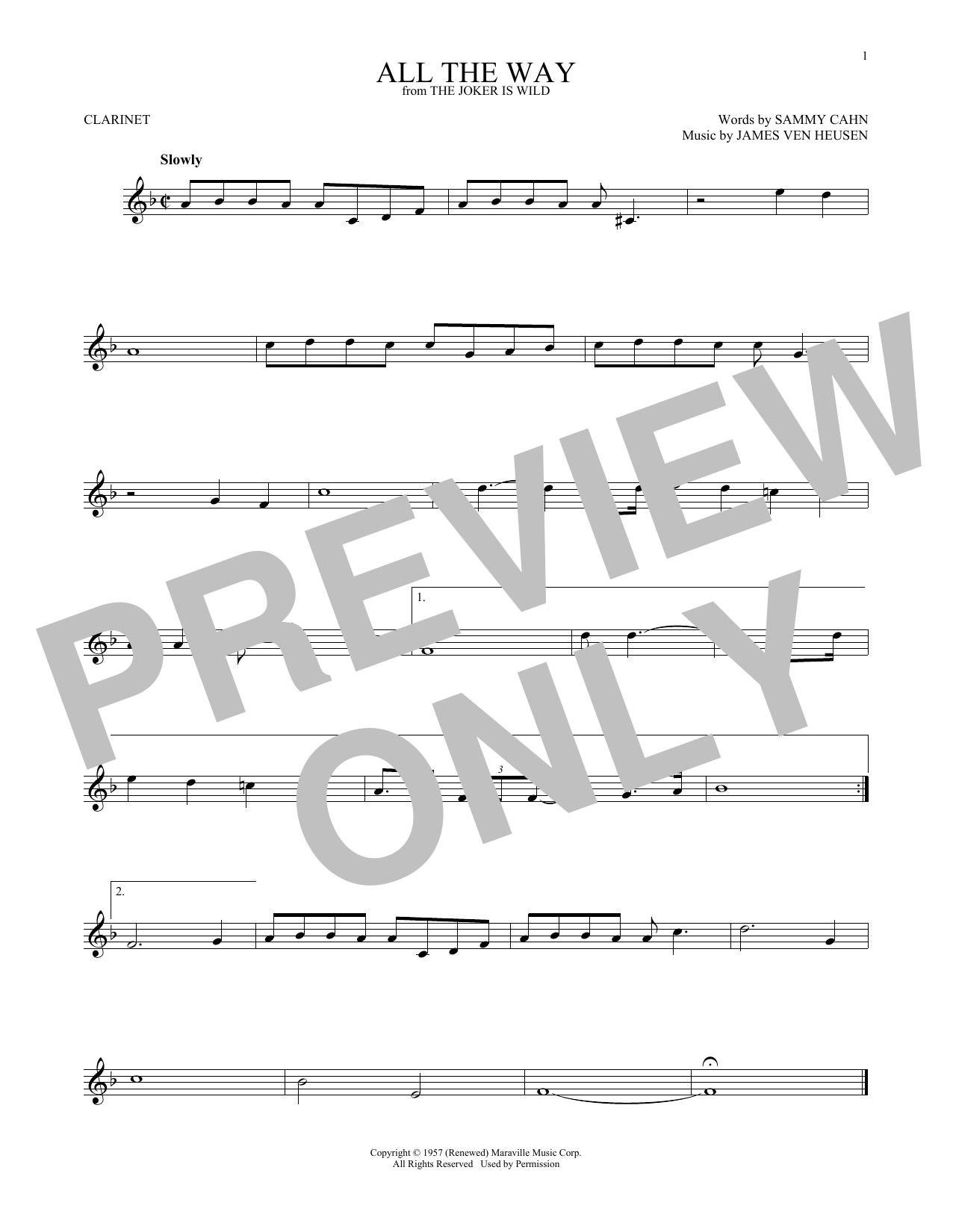 Download James Van Heusen All The Way Sheet Music and learn how to play Clarinet PDF digital score in minutes