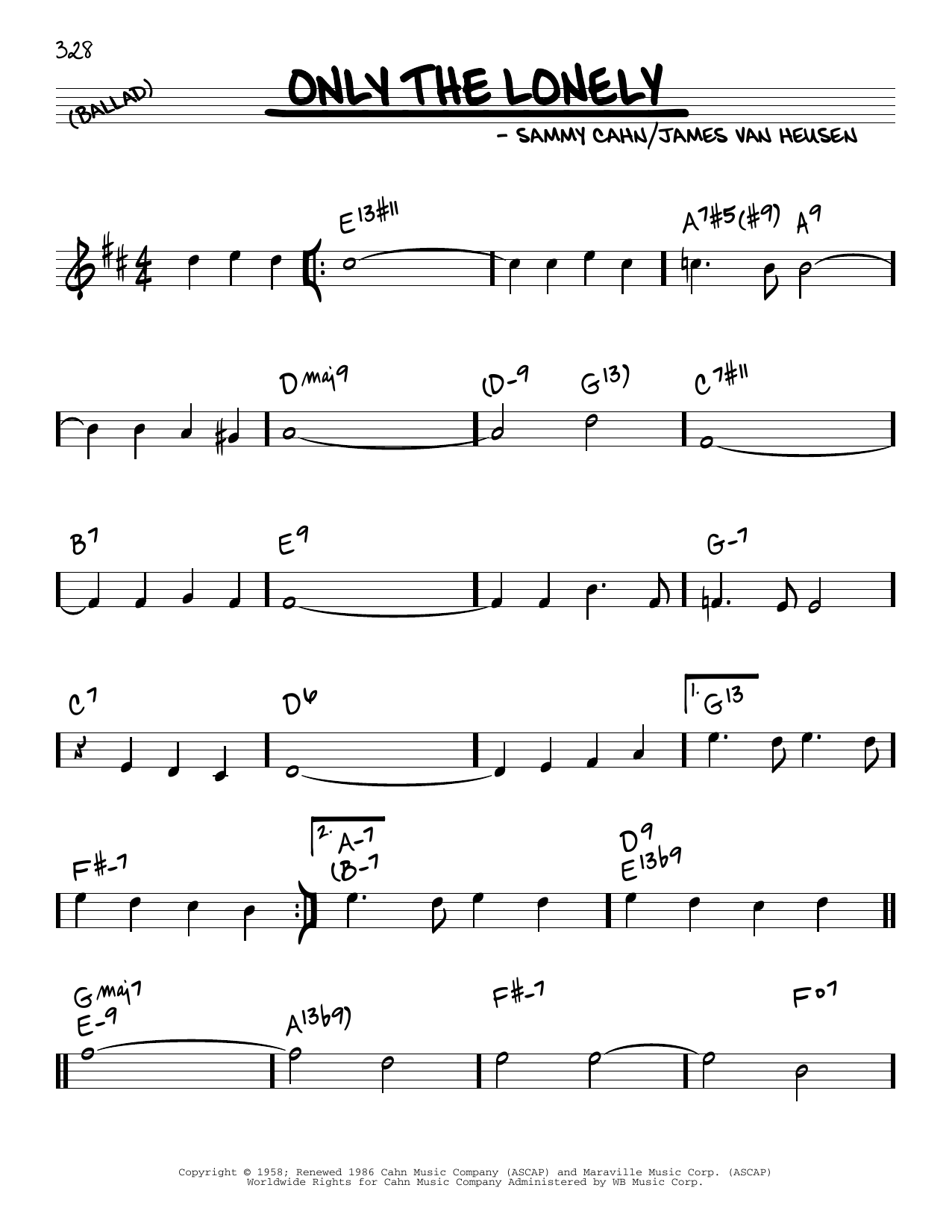 Download James Van Heusen and Sammy Cahn Only The Lonely Sheet Music and learn how to play Real Book – Melody & Chords PDF digital score in minutes