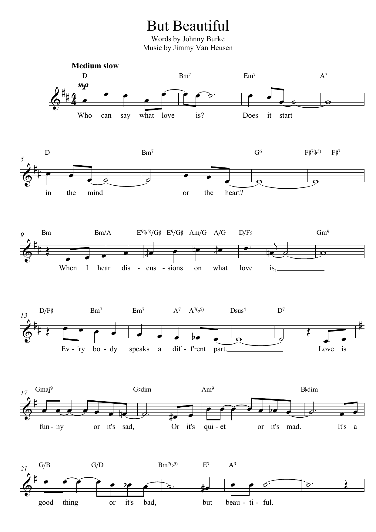 Download Jimmy Van Heusen But Beautiful Sheet Music and learn how to play Piano, Vocal & Guitar (Right-Hand Melody) PDF digital score in minutes