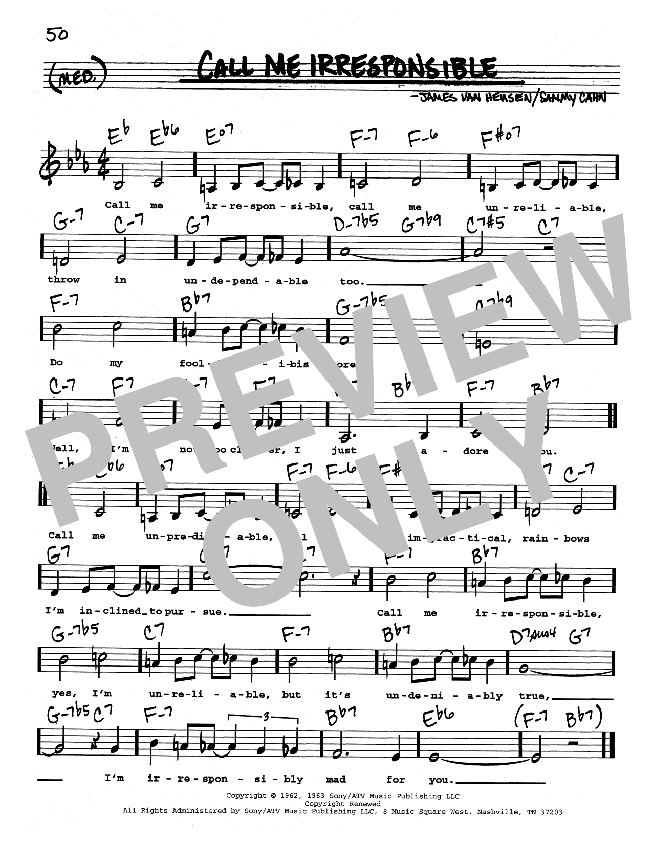 Download James Van Heusen Call Me Irresponsible (Low Voice) Sheet Music and learn how to play Real Book – Melody, Lyrics & Chords PDF digital score in minutes
