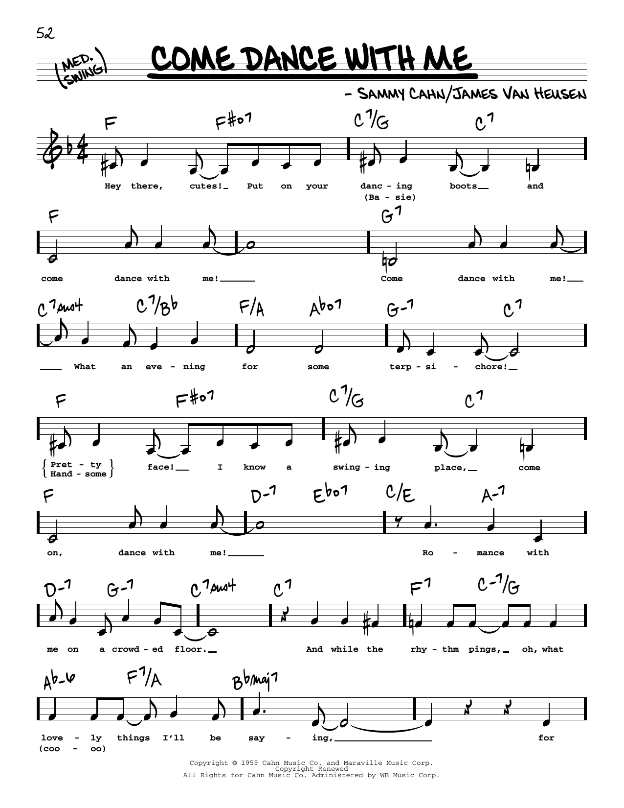 Download James Van Heusen Come Dance With Me (Low Voice) Sheet Music and learn how to play Real Book – Melody, Lyrics & Chords PDF digital score in minutes