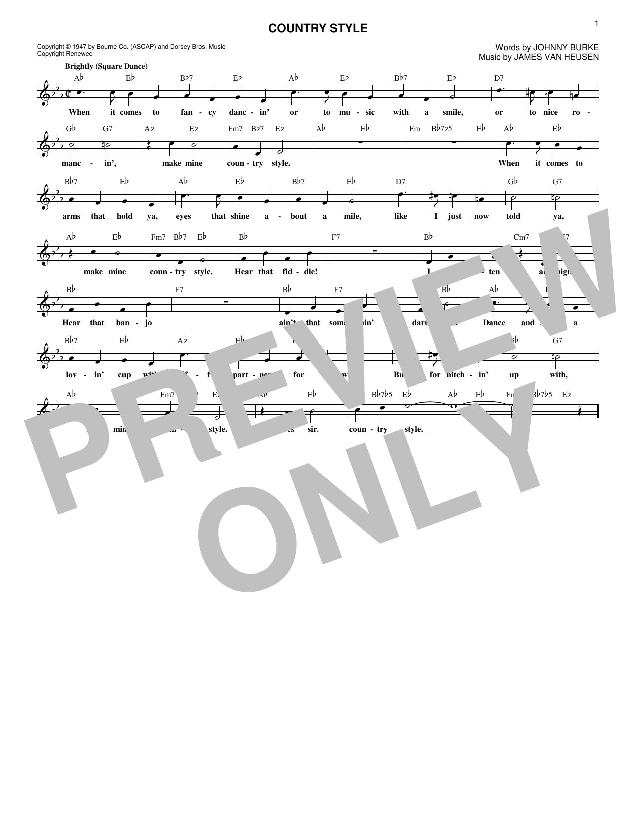 Download James Van Heusen Country Style Sheet Music and learn how to play Melody Line, Lyrics & Chords PDF digital score in minutes