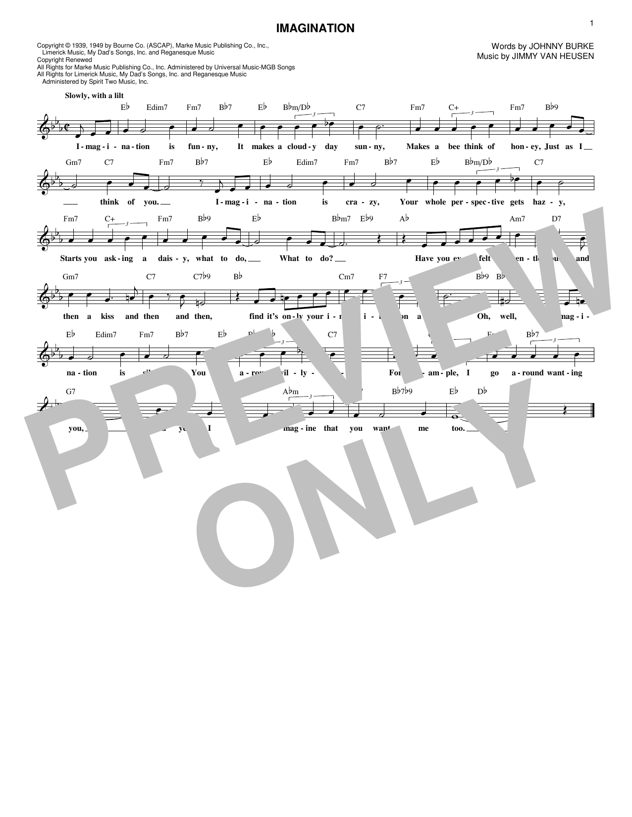 Download Jimmy Van Heusen Imagination Sheet Music and learn how to play Melody Line, Lyrics & Chords PDF digital score in minutes