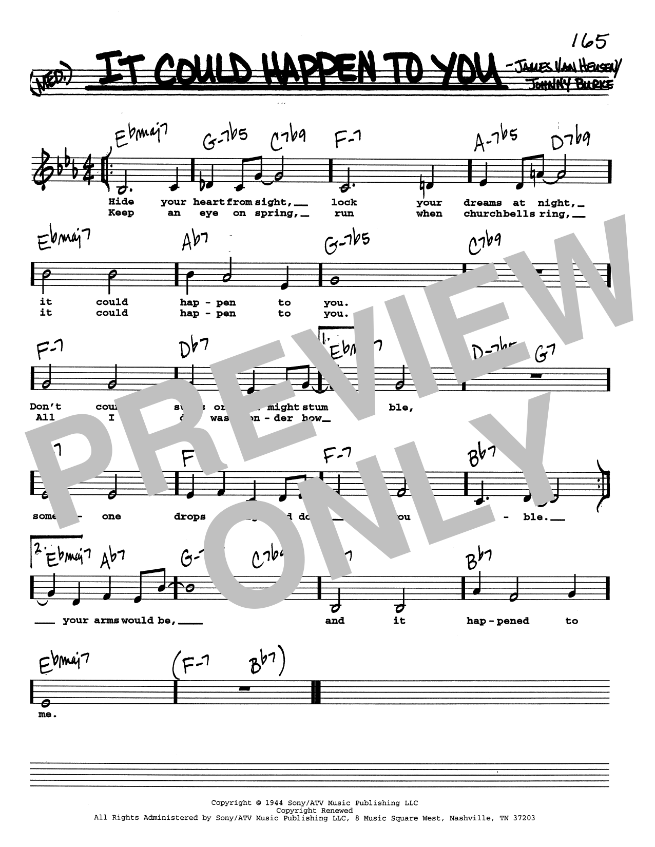 Download James Van Heusen It Could Happen To You (Low Voice) Sheet Music and learn how to play Real Book – Melody, Lyrics & Chords PDF digital score in minutes