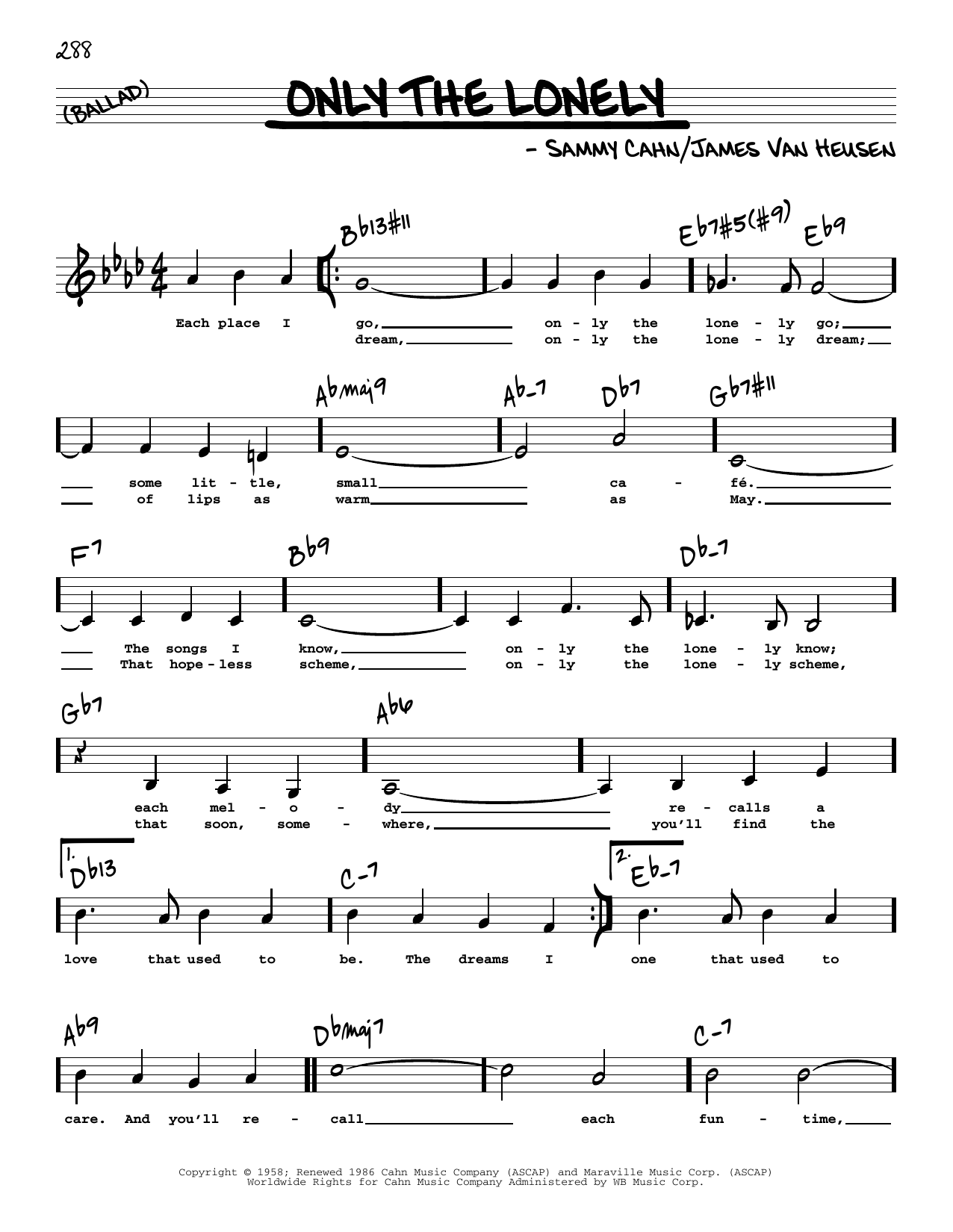 Download James Van Heusen Only The Lonely (Low Voice) Sheet Music and learn how to play Real Book – Melody, Lyrics & Chords PDF digital score in minutes