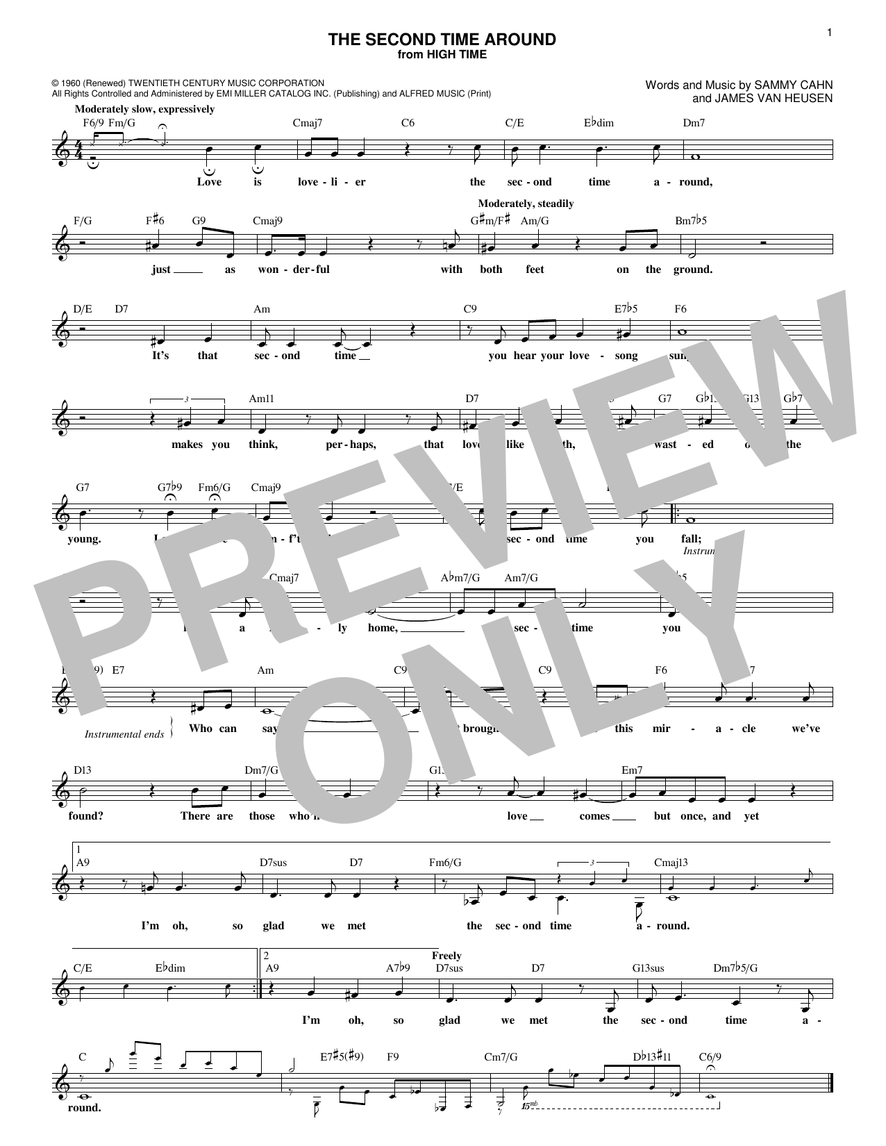 Download James Van Heusen The Second Time Around Sheet Music and learn how to play Melody Line, Lyrics & Chords PDF digital score in minutes