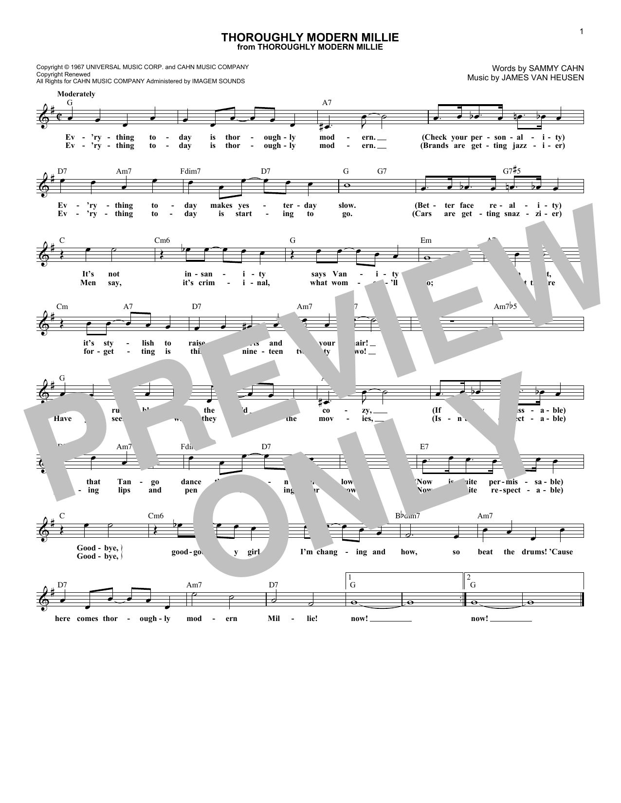 Download James Van Heusen Thoroughly Modern Millie Sheet Music and learn how to play Melody Line, Lyrics & Chords PDF digital score in minutes