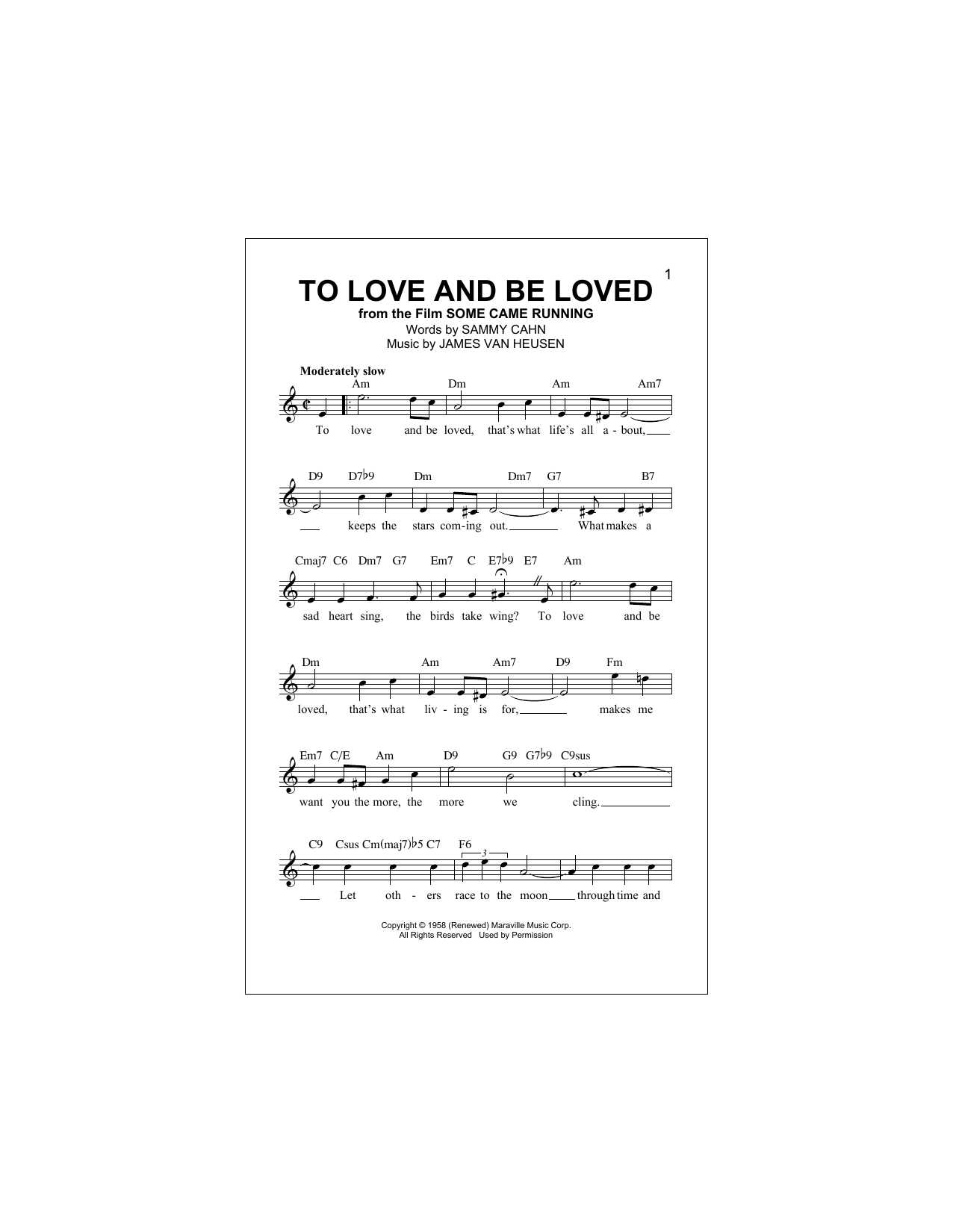 Download James Van Heusen To Love And Be Loved Sheet Music and learn how to play Melody Line, Lyrics & Chords PDF digital score in minutes