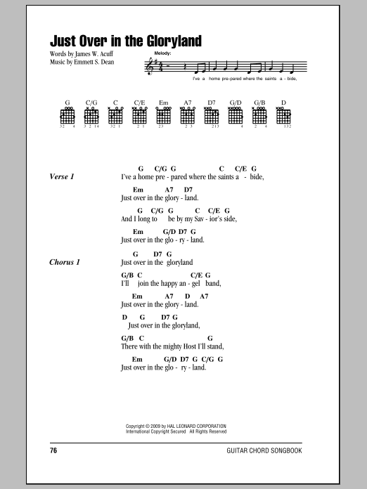 Download Emmett S. Dean Just Over In The Gloryland Sheet Music and learn how to play Lyrics & Piano Chords PDF digital score in minutes