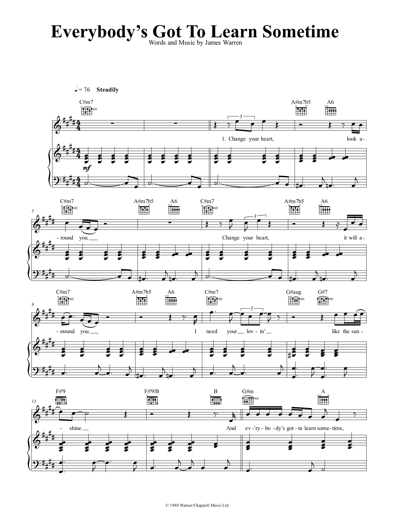 Download James Warren Everybody's Got To Learn Sometime Sheet Music and learn how to play Piano, Vocal & Guitar (Right-Hand Melody) PDF digital score in minutes