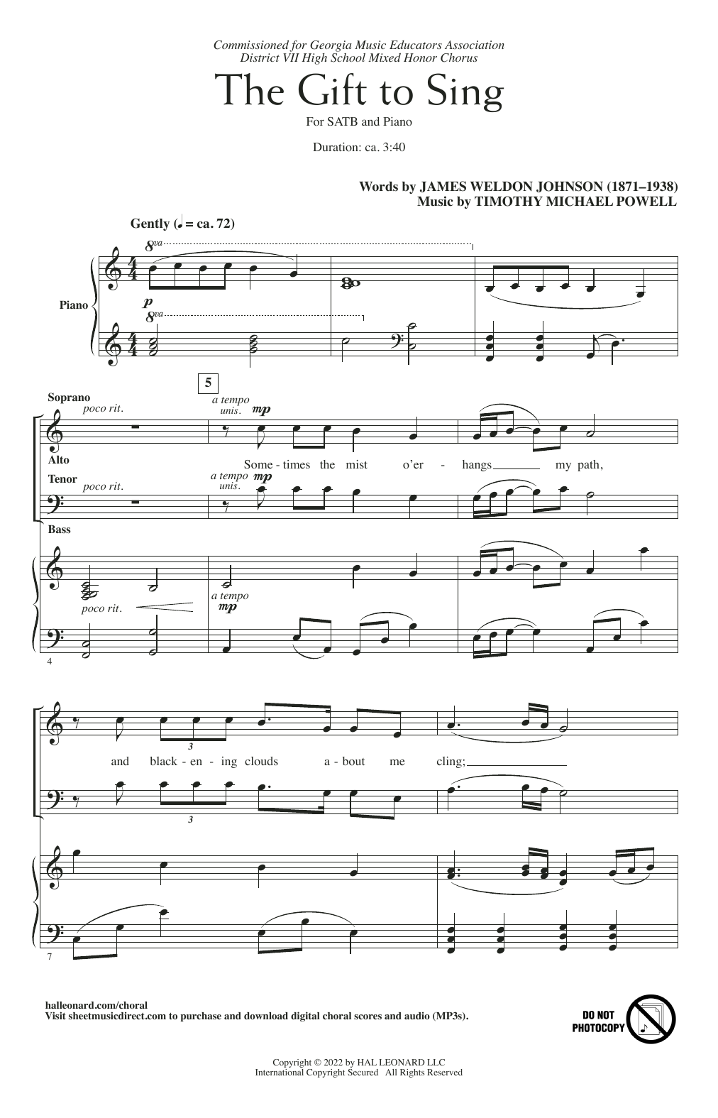Download James Weldon Johnson and Timothy Michael Powell The Gift To Sing Sheet Music and learn how to play SATB Choir PDF digital score in minutes
