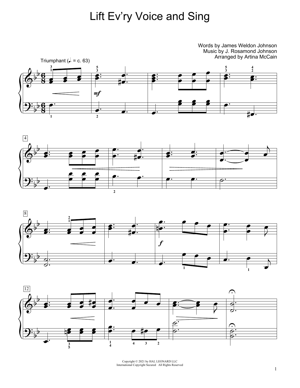 Download James Weldon Johnson Lift Ev'ry Voice And Sing (arr. Artina McCain) Sheet Music and learn how to play Educational Piano PDF digital score in minutes