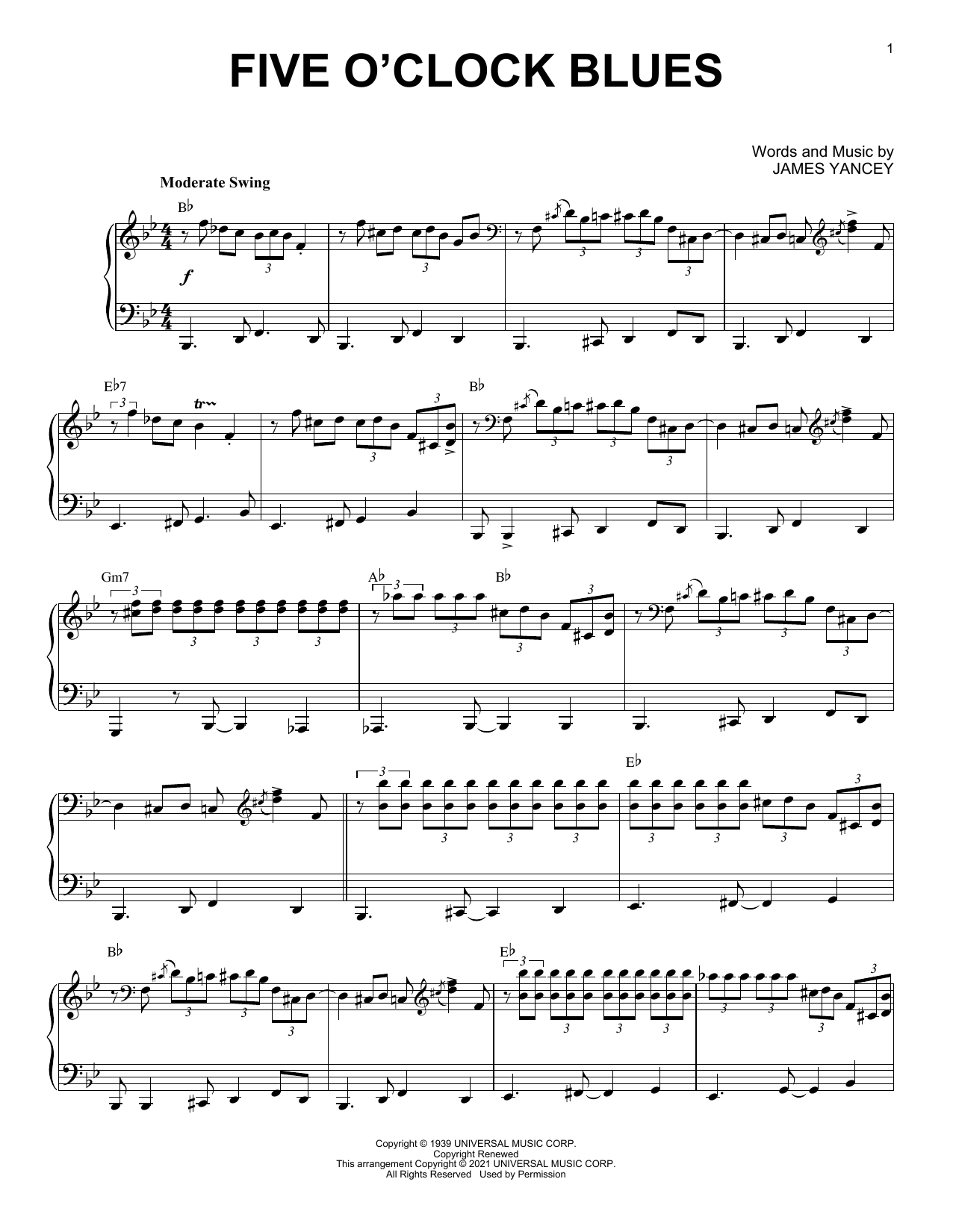 Download James Yancey Five O'Clock Blues (arr. Brent Edstrom) Sheet Music and learn how to play Piano Solo PDF digital score in minutes