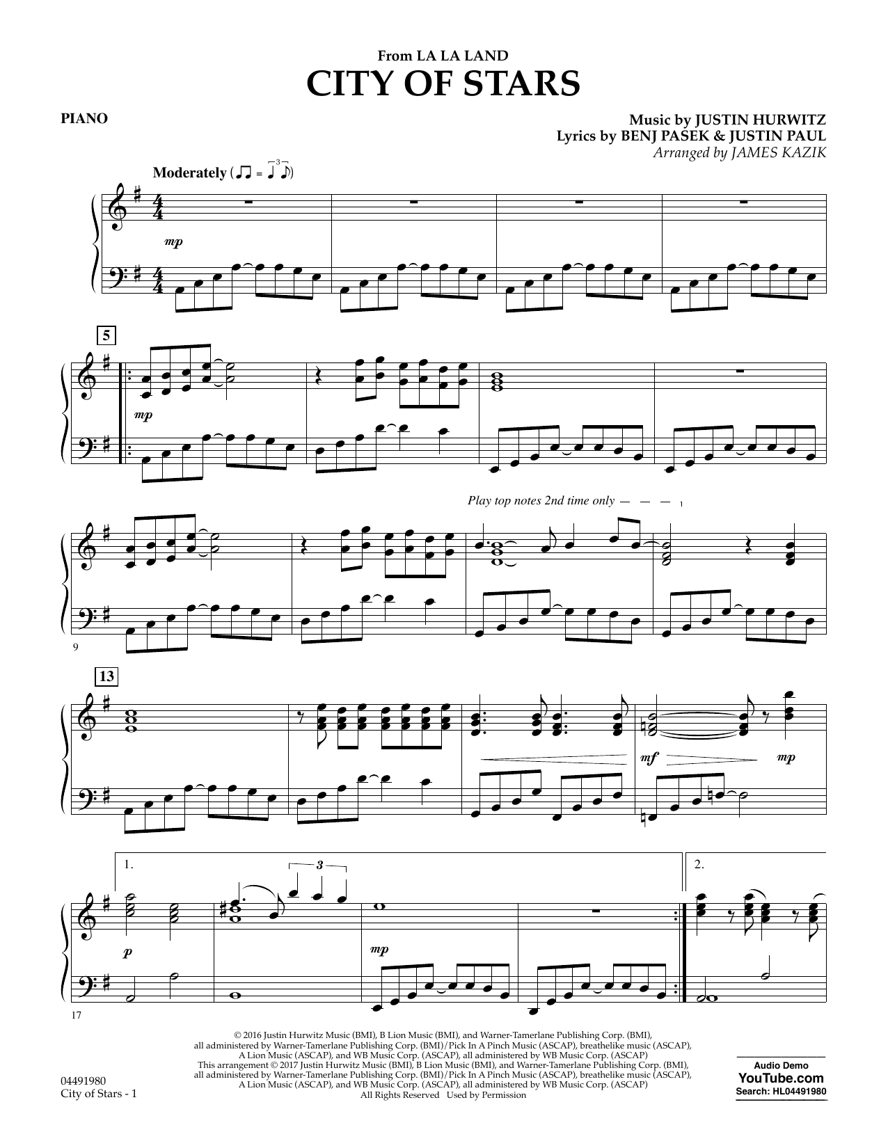 James Kazik "City of Stars (from La La Land) - Piano" Sheet Music...
