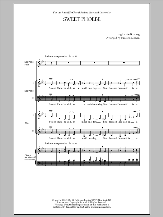 Download Traditional Folksong Sweet Phoebe (arr. Jameson Marvin) Sheet Music and learn how to play SSA PDF digital score in minutes