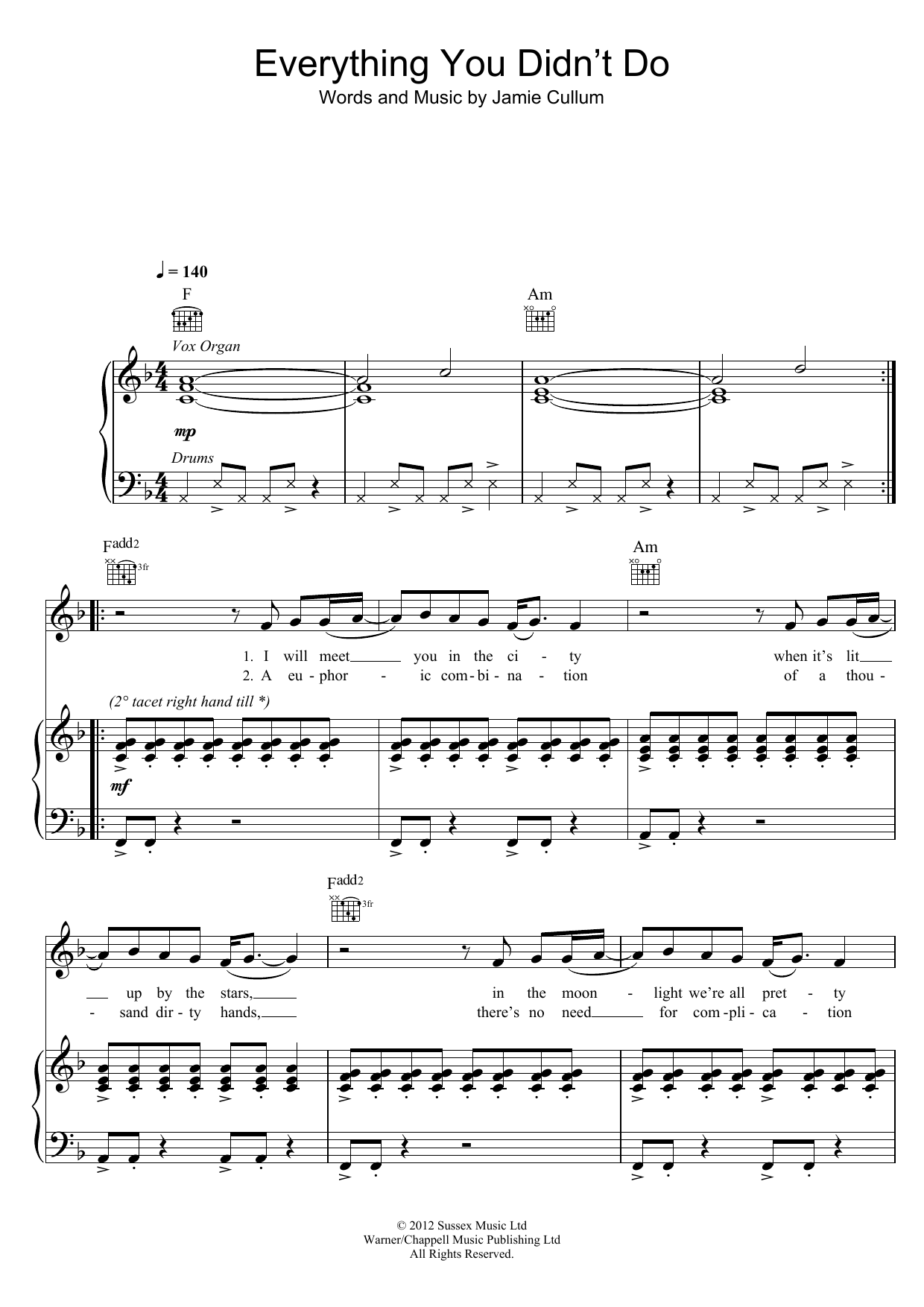 Download Jamie Cullum Everything You Didn't Do Sheet Music and learn how to play Piano, Vocal & Guitar (Right-Hand Melody) PDF digital score in minutes