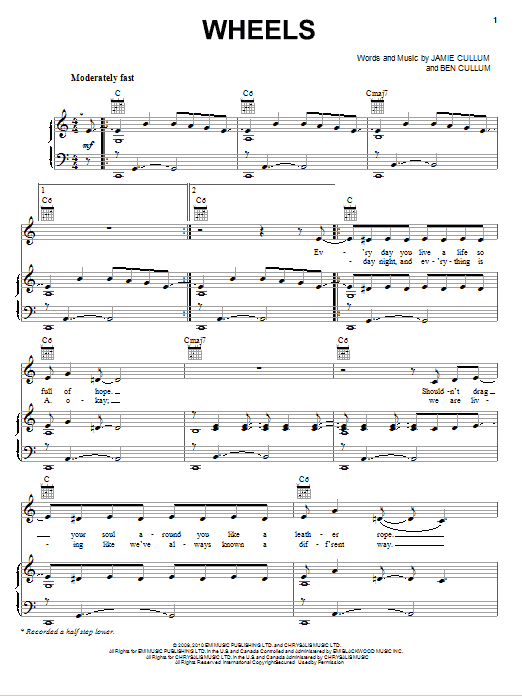 Download Jamie Cullum Wheels Sheet Music and learn how to play Piano, Vocal & Guitar (Right-Hand Melody) PDF digital score in minutes