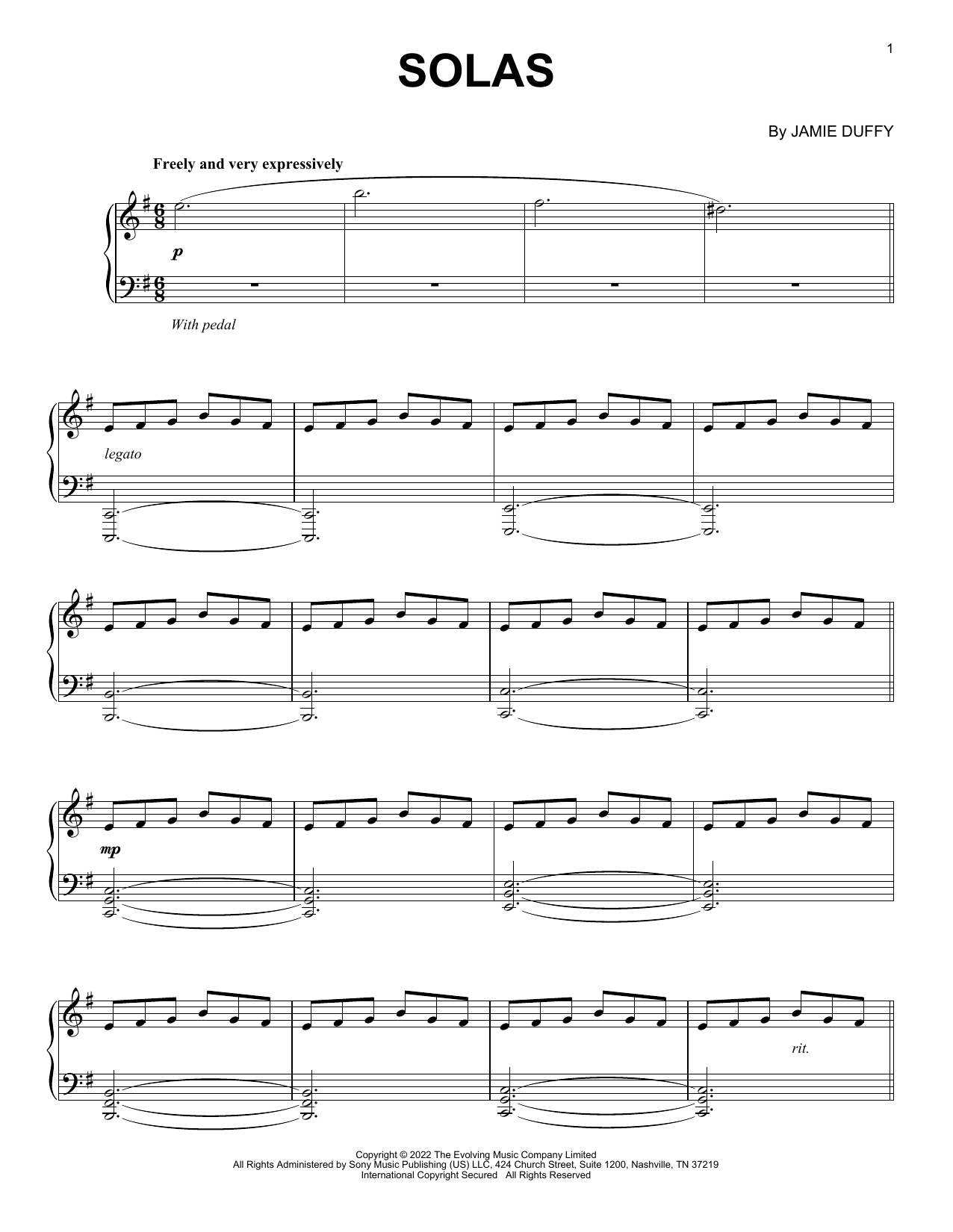 Download Jamie Duffy Solas Sheet Music and learn how to play Piano Solo PDF digital score in minutes