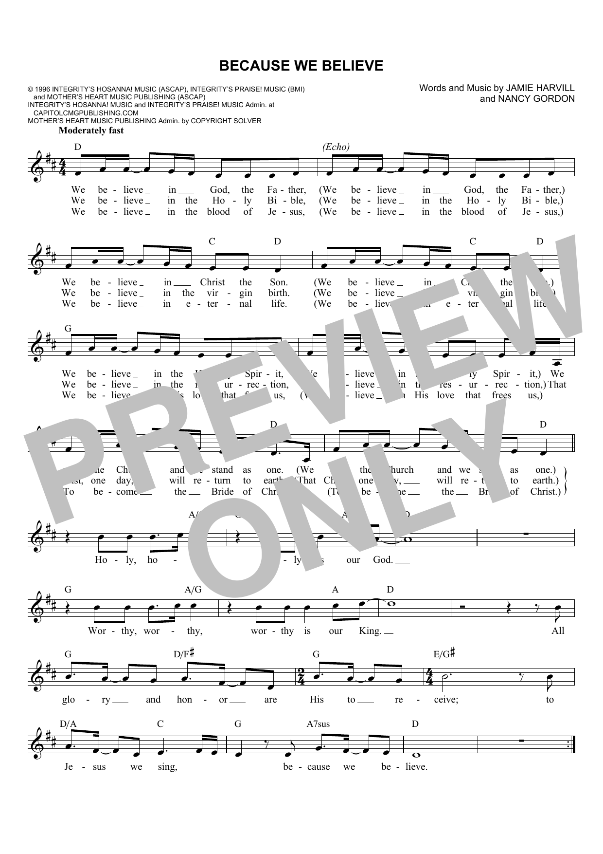 Download Jamie Harvill Because We Believe Sheet Music and learn how to play Melody Line, Lyrics & Chords PDF digital score in minutes