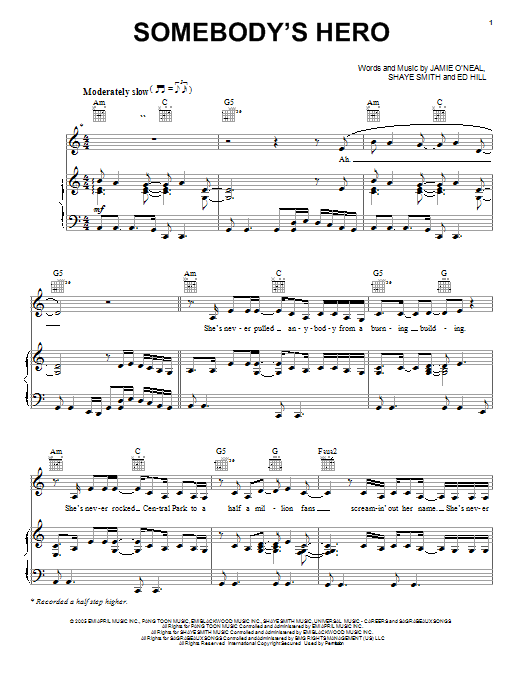 Download Jamie O'Neal Somebody's Hero Sheet Music and learn how to play Piano, Vocal & Guitar (Right-Hand Melody) PDF digital score in minutes