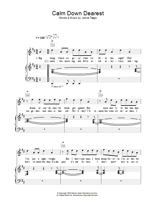 Download Jamie T Calm Down Dearest Sheet Music and learn how to play Lyrics & Chords PDF digital score in minutes