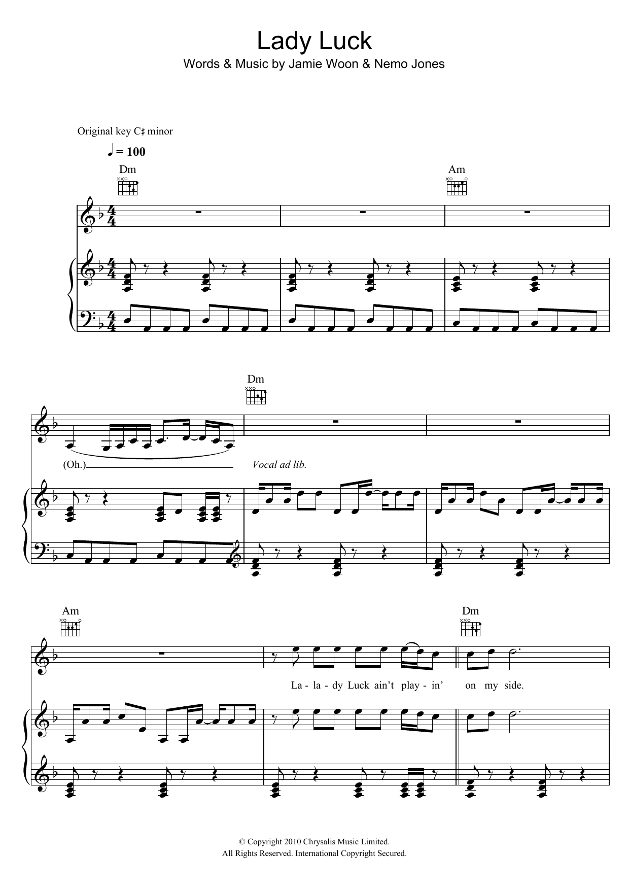 Download Jamie Woon Lady Luck Sheet Music and learn how to play Piano, Vocal & Guitar (Right-Hand Melody) PDF digital score in minutes