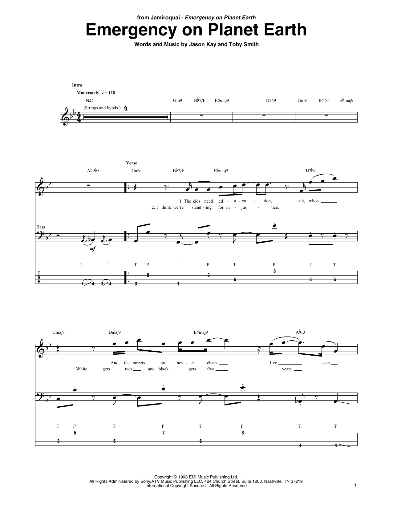 Download Jamiroquai Emergency On Planet Earth Sheet Music and learn how to play Bass Guitar Tab PDF digital score in minutes