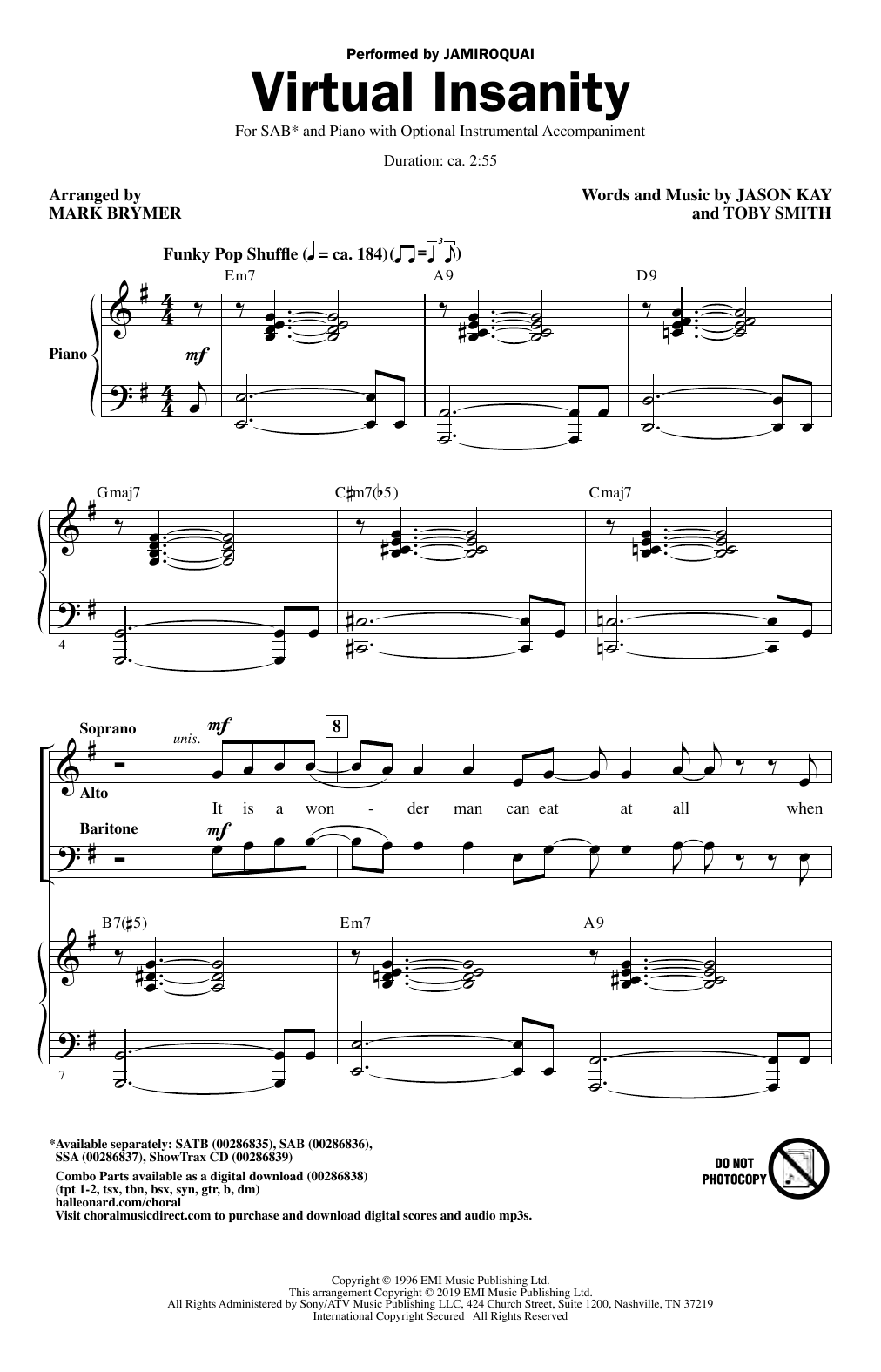 Download Jamiroquai Virtual Insanity (arr. Mark Brymer) Sheet Music and learn how to play SATB Choir PDF digital score in minutes