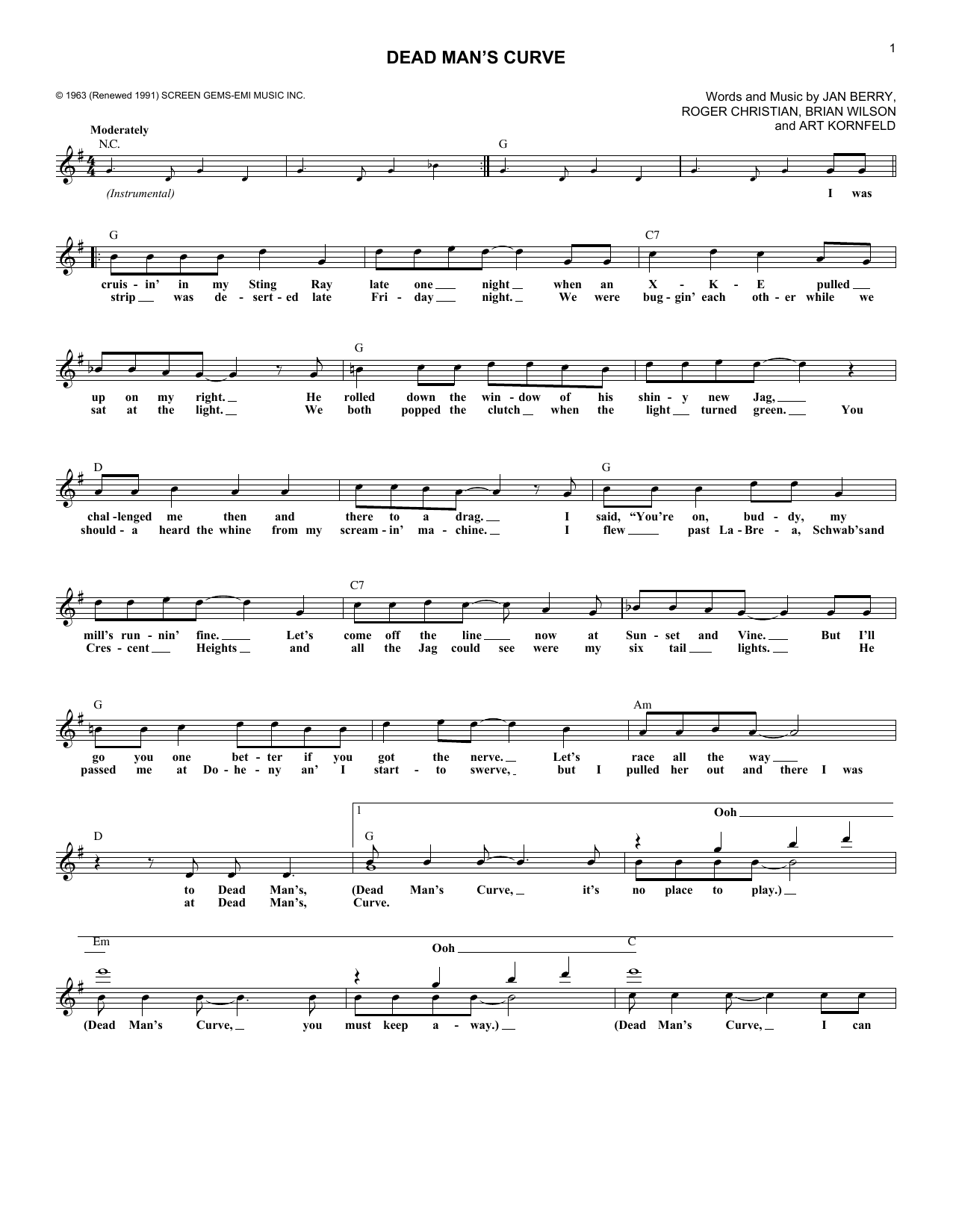 Download Jan & Dean Dead Man's Curve Sheet Music and learn how to play Melody Line, Lyrics & Chords PDF digital score in minutes