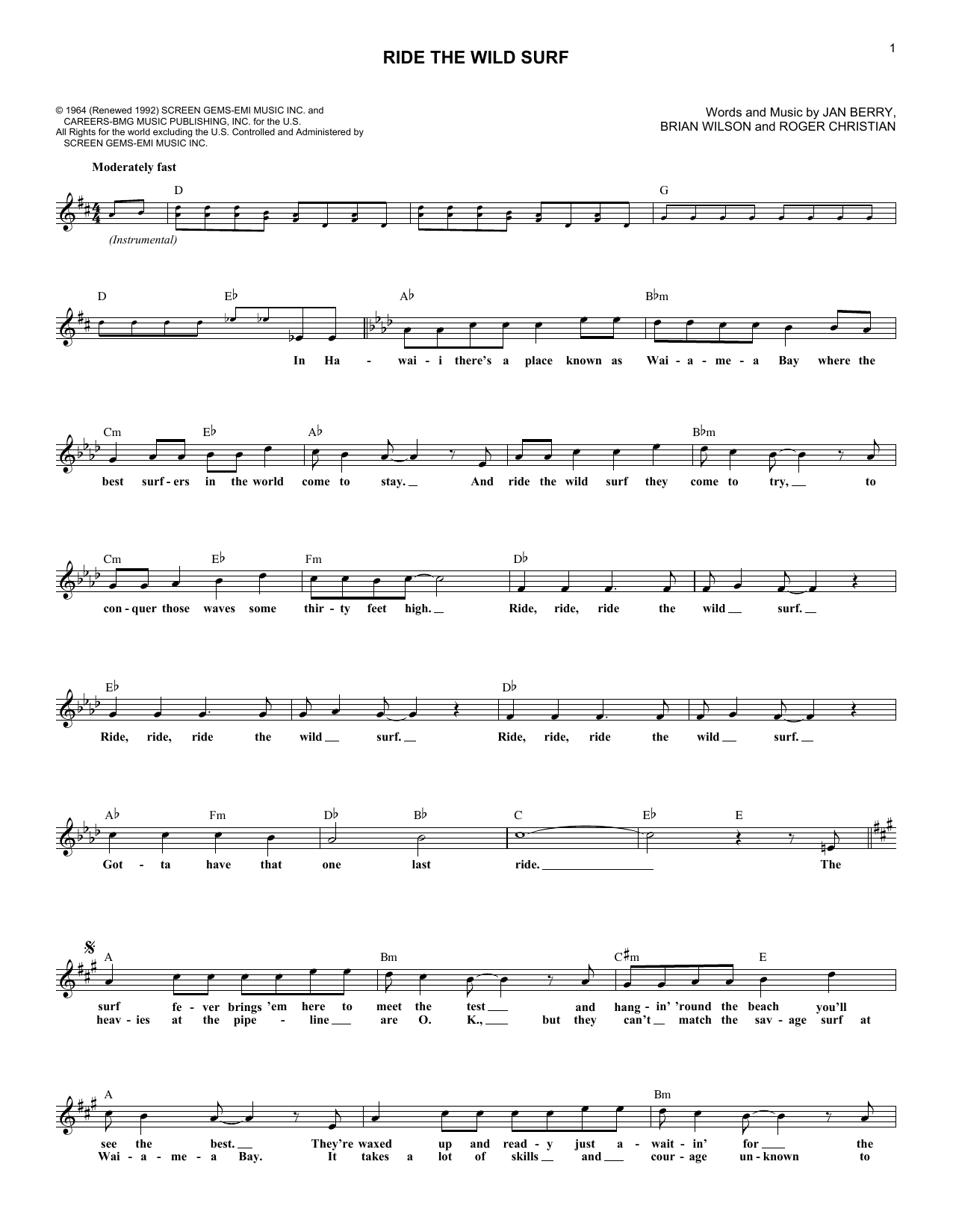 Download Jan & Dean Ride The Wild Surf Sheet Music and learn how to play Melody Line, Lyrics & Chords PDF digital score in minutes