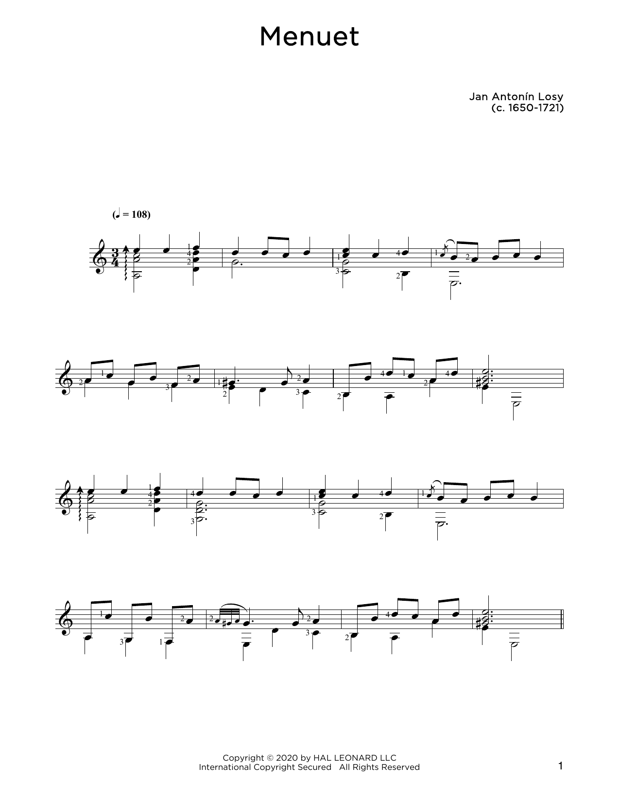 Download Jan Antonin Losey Menuet Sheet Music and learn how to play Solo Guitar PDF digital score in minutes