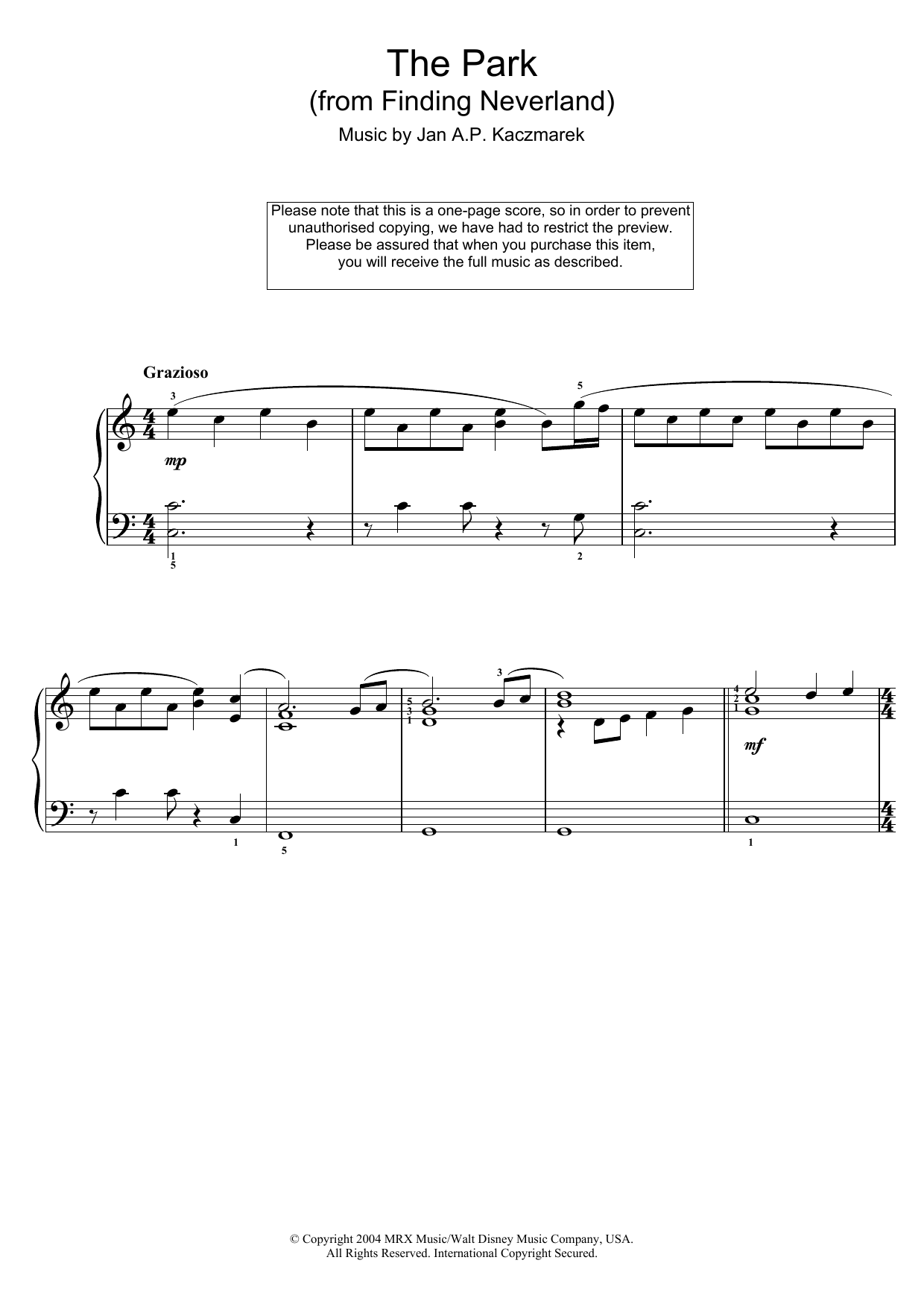 Download Jan A.P. Kaczmarek The Park (from Finding Neverland) Sheet Music and learn how to play Easy Piano PDF digital score in minutes