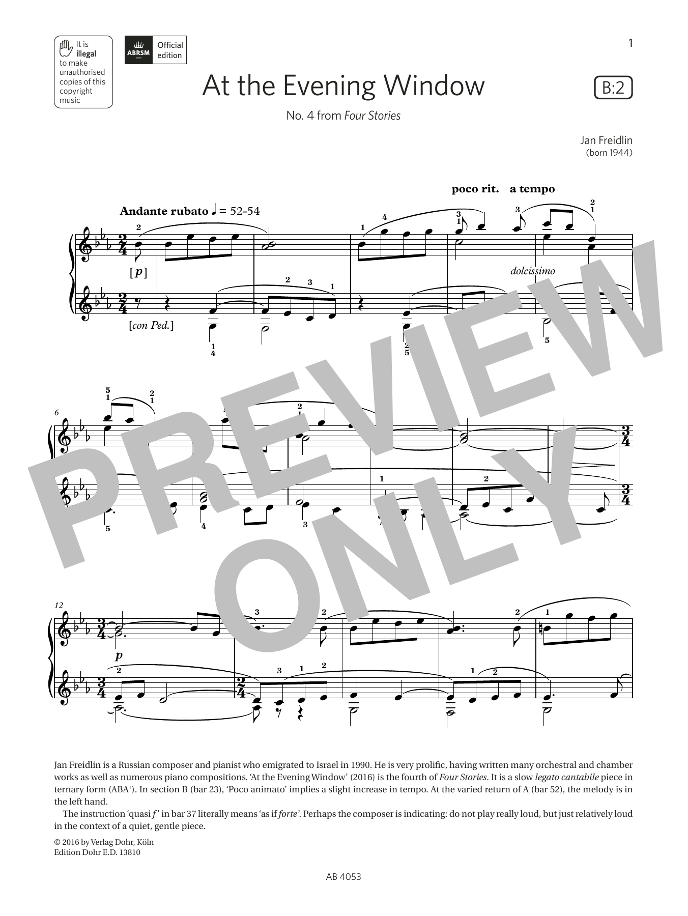 Download Jan Freidlin At the Evening Window (Grade 7, list B2, from the ABRSM Piano Syllabus 2023 & 20 Sheet Music and learn how to play Piano Solo PDF digital score in minutes