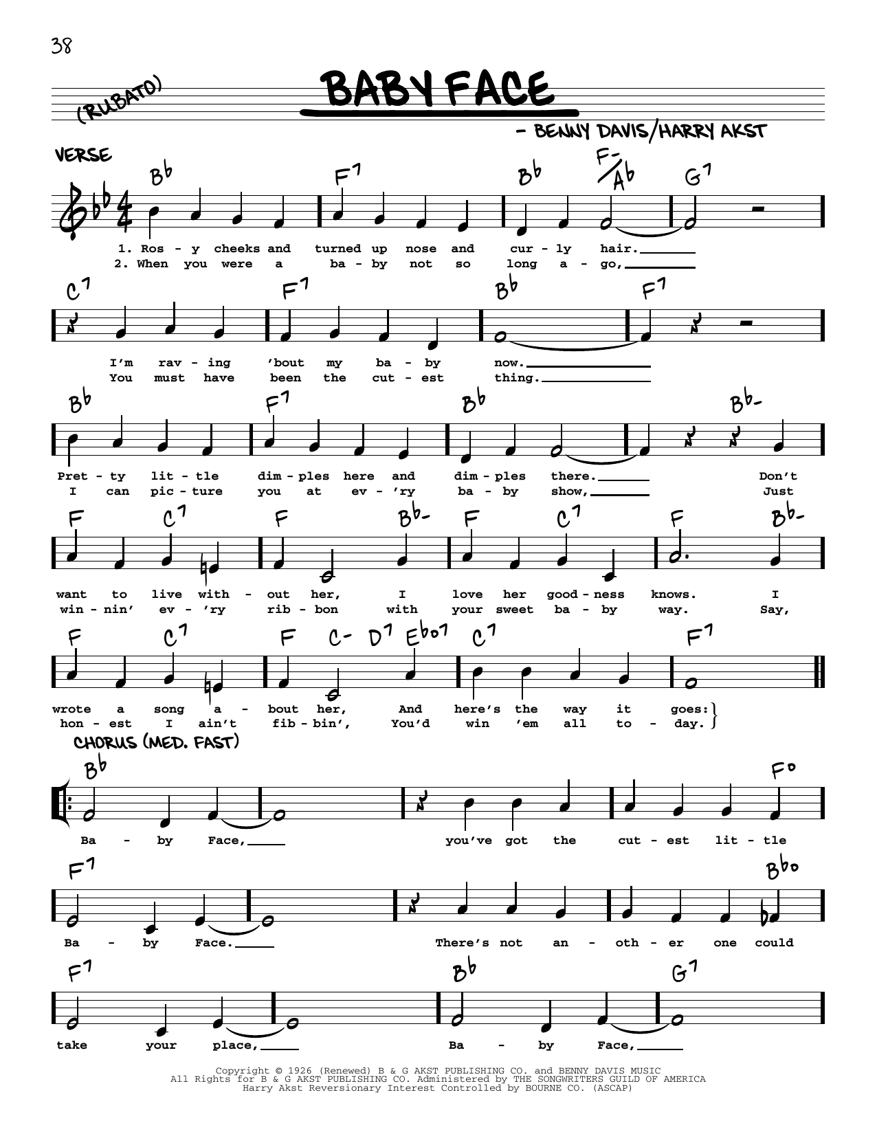 Download Jan Garber and his Orchestra Baby Face (arr. Robert Rawlins) Sheet Music and learn how to play Real Book – Melody, Lyrics & Chords PDF digital score in minutes