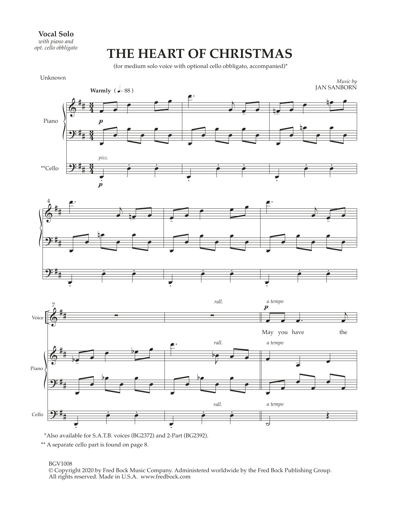 Download Jan Sanborn The Heart Of Christmas (with optional cello obbligato) Sheet Music and learn how to play Piano & Vocal PDF digital score in minutes