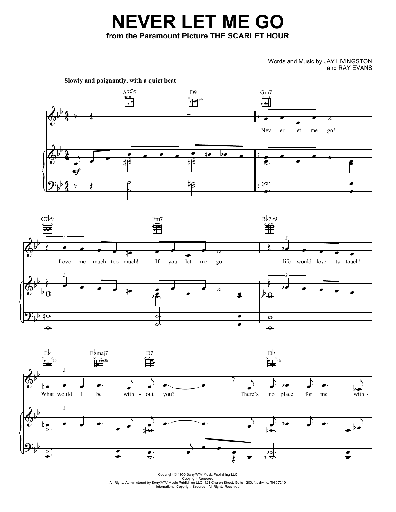 Download Jane Monheit Never Let Me Go Sheet Music and learn how to play Piano, Vocal & Guitar Chords (Right-Hand Melody) PDF digital score in minutes